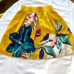 Anthropologie Maeve Tropical Floral Ruffle Flare Knee Length Skirt Yellow Size 4